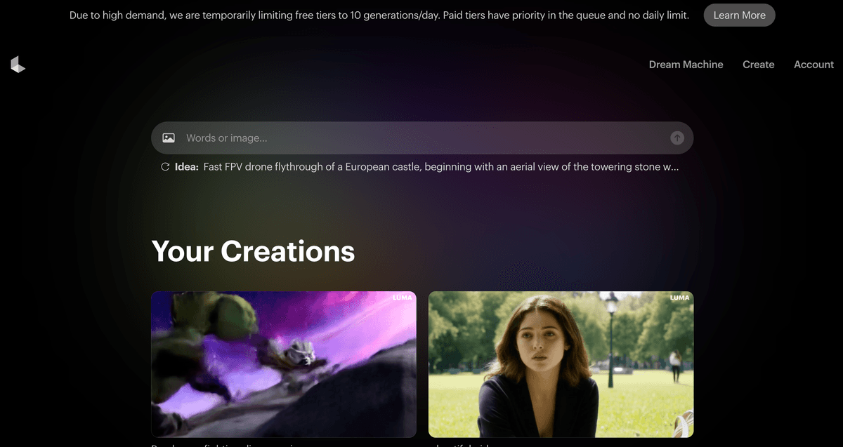 LumaAI Dream Machine, an AI model, swiftly creates high-quality, realistic videos from text and images. This scalable transformer model, trained directly on videos, captures accurate and lively scenes, unleashing your creative potential. Available now!