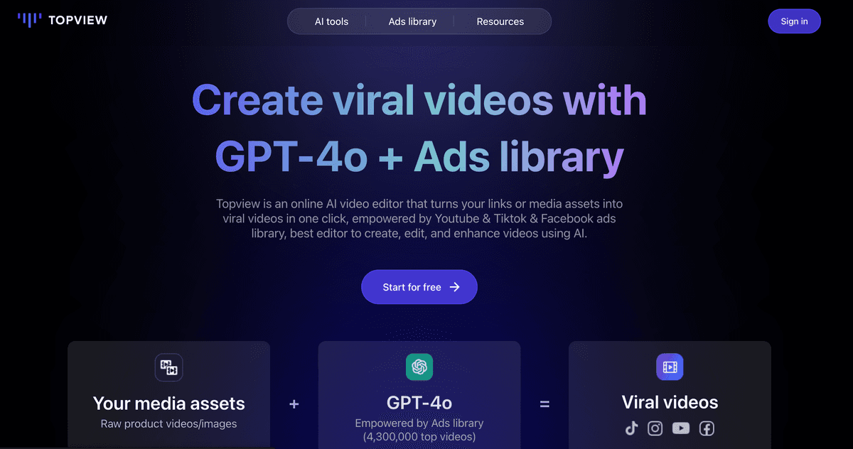 Topview is an online AI video editor that turns your links or media assets into viral videos in one click, empowered by Youtube & Tiktok & Facebook ads library, best editor to create, edit, and enhance videos using AI.